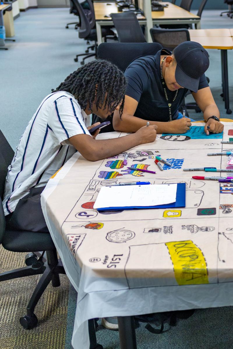 A photo of students working on a project at a table